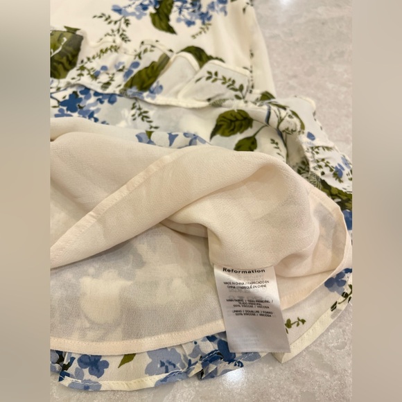 NEW Reformation Mya Mini Flower Dress Riviera Cream Blue in Size 10 - Picture 11 of 14